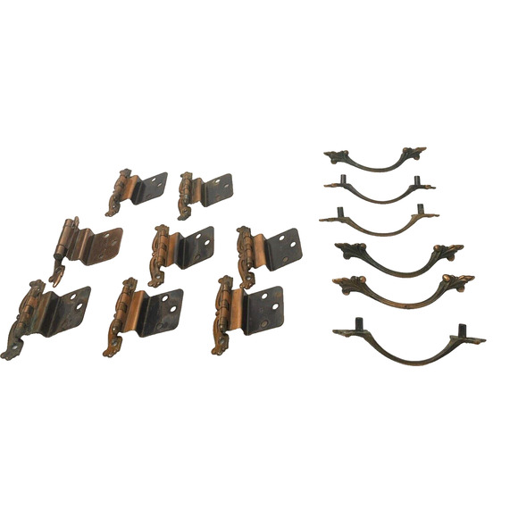 6 Vintage Coppertone Black Metal Cabinet Drawer Pull Handles & 8 Hinges‎ Japan - Picture 1 of 9